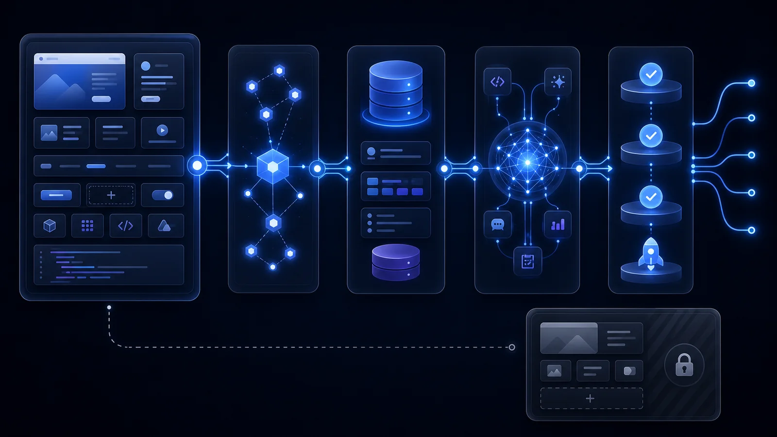 Abstrakter Workflow zwischen Website-Builder, offener React- und Next-Codebasis sowie KI-gestützten Erweiterungen wie Chat, Voice und API-Integrationen