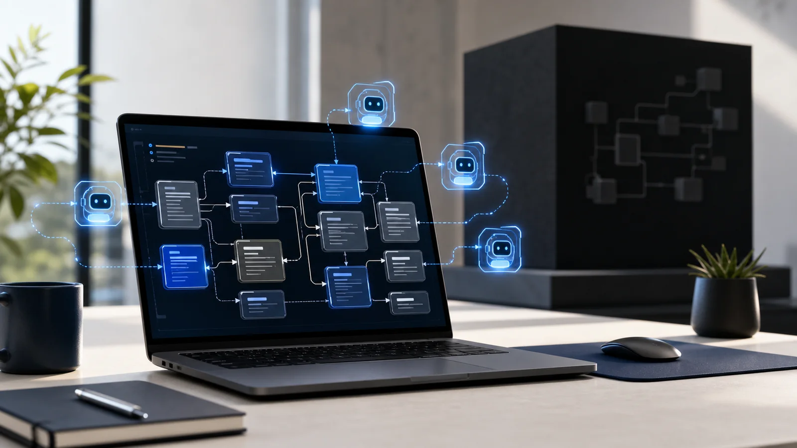 Heller Premium-Workspace mit Laptop, abstrakter Codebasis-Visualisierung und KI-gestützten Workflow-Elementen für moderne Webentwicklung