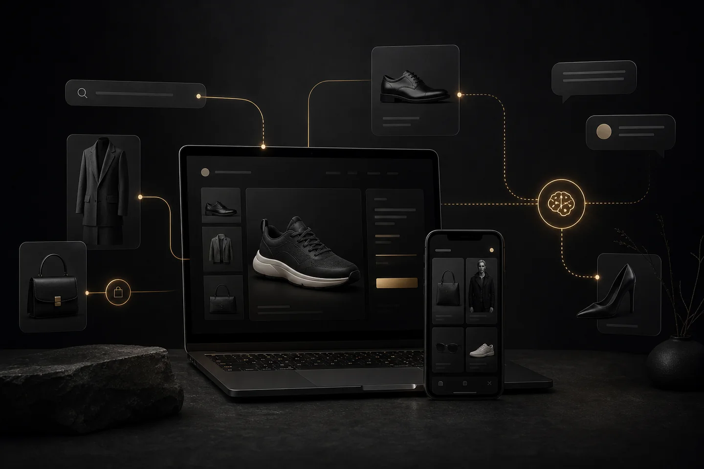 Premium E-Commerce-Workspace mit KI-Empfehlungsflow, Produktkarten und warmen Goldakzenten