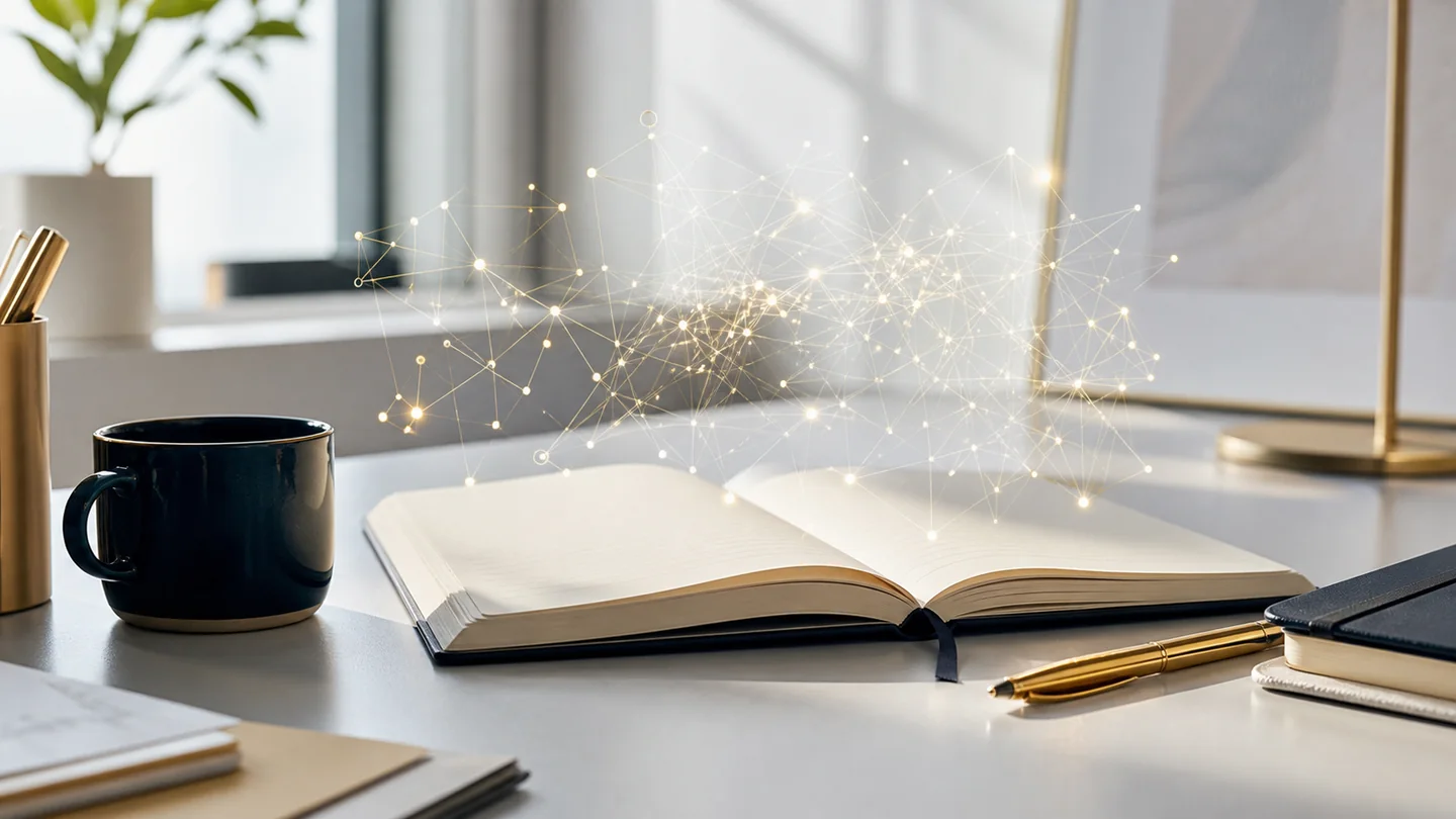 Minimaler Arbeitsplatz mit Notizbuch und abstraktem KI-Wissensnetz als Symbol für ein AI Second Brain