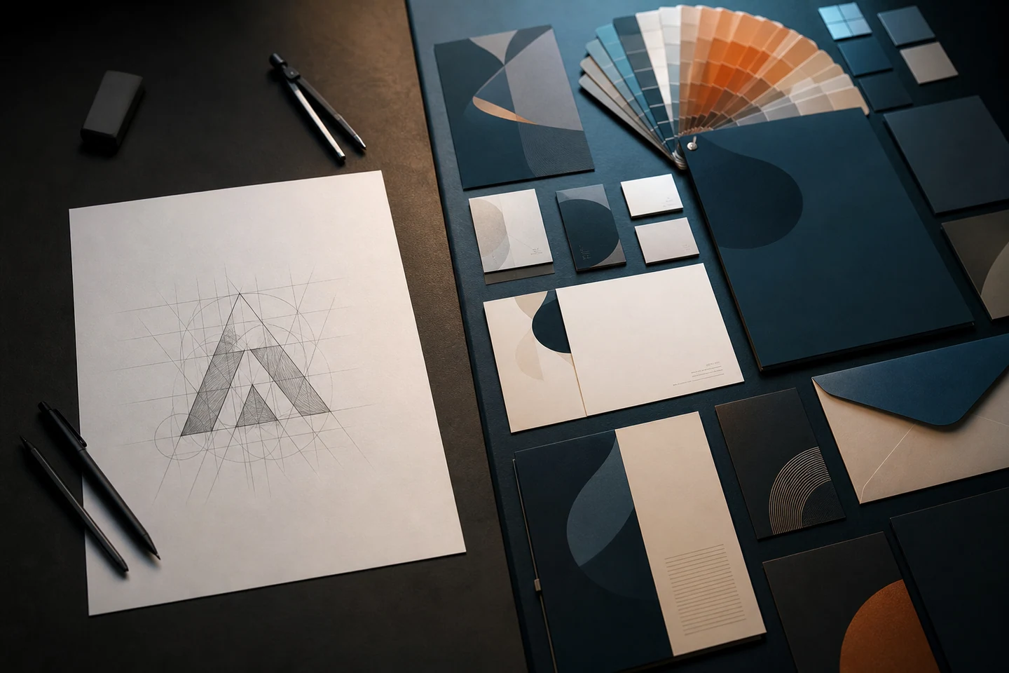 Vergleich zwischen Logo-Skizze und vollständigem Corporate-Design-System mit Farbfächer, Typografie und Geschäftsausstattung