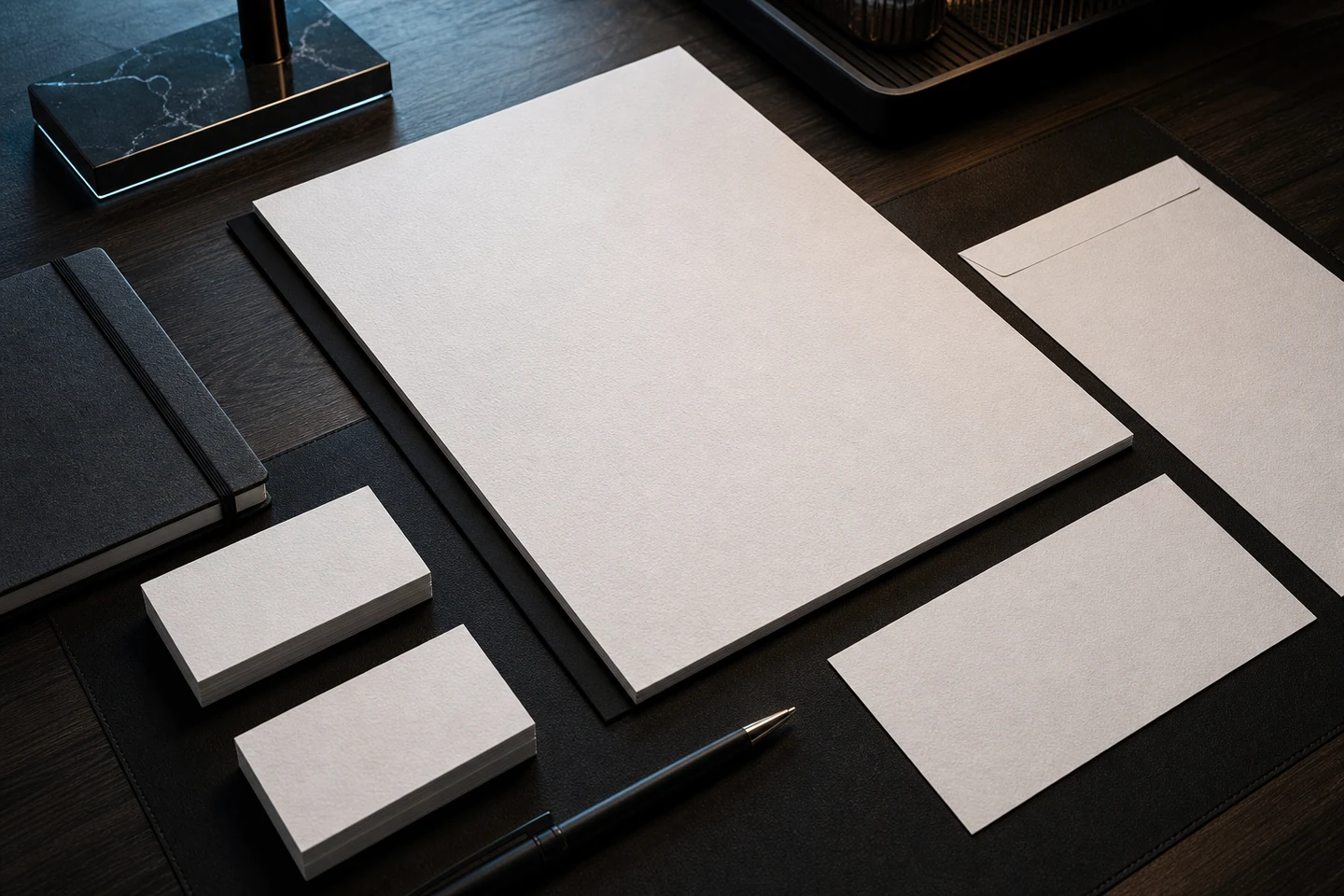 Hochwertige Geschäftsausstattung mit Briefpapier, Visitenkarten, Umschlag und Papiertexturen im Corporate Design