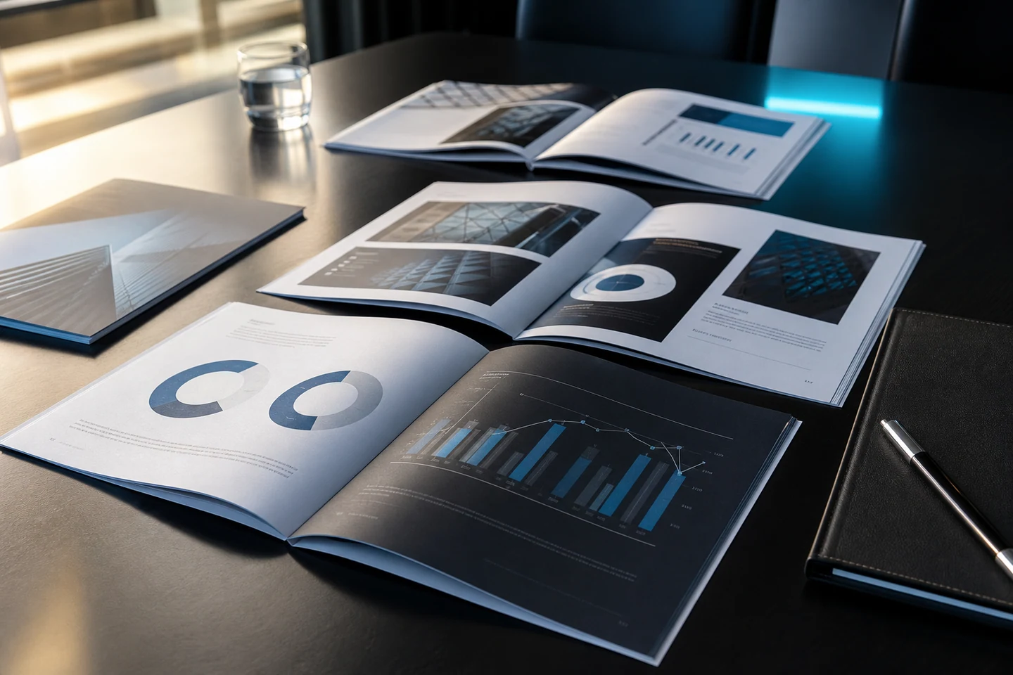 Aufgeschlagener Geschäftsbericht und Markenmanual mit abstrakten Charts, Layouts und hochwertigen Papiermustern