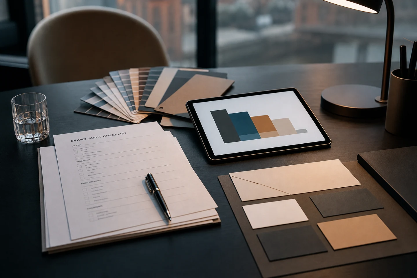 Premium Corporate-Design-Kostenplanung mit Farbfächer, Unterlagen und Tablet auf dunklem Studiotisch