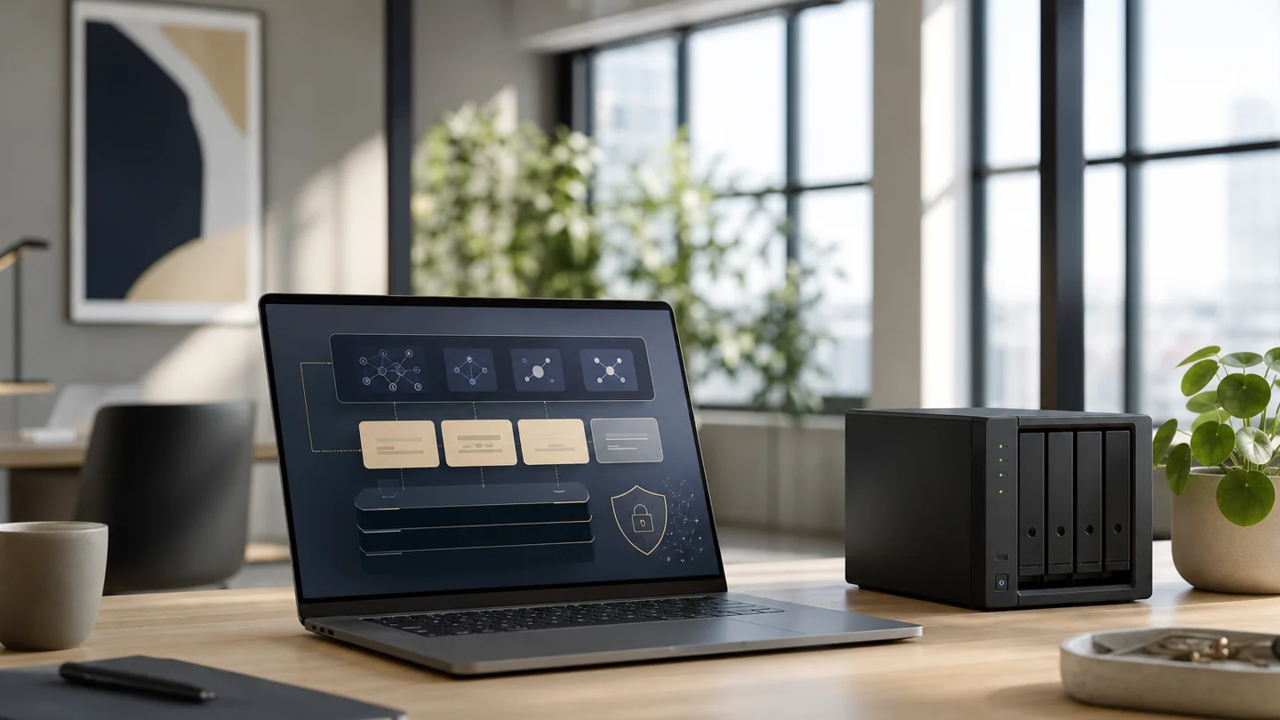 Heller Premium-Workspace mit Laptop, abstraktem KI-Workflow und lokalem Server als Symbol für kontrollierte AI-Stacks