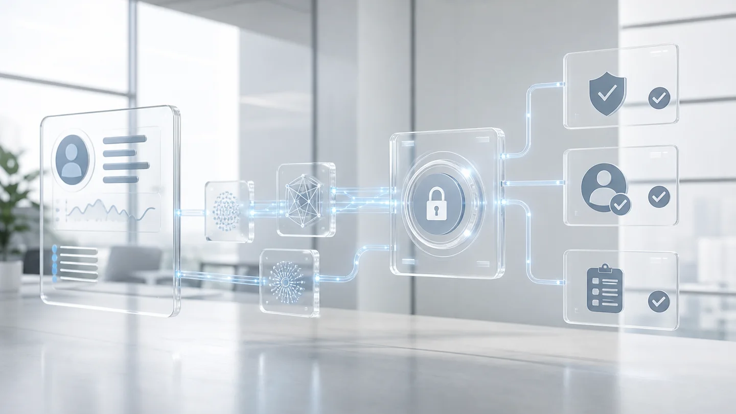 Abstrakter sicherer AI-Agent-Workflow mit Datenschutz-, Rollen- und Freigabe-Symbolen in einer hellen Office-Umgebung