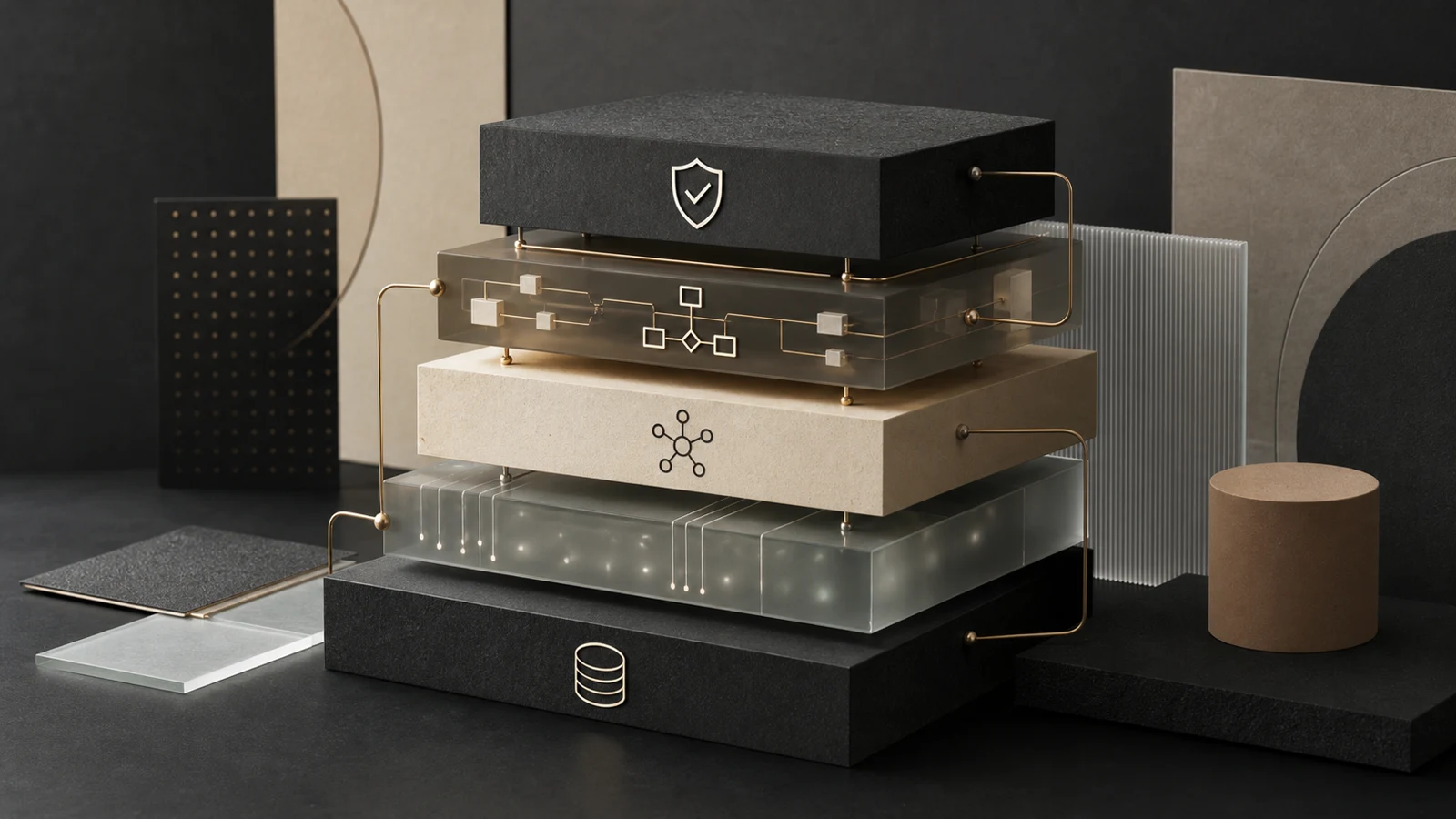 Abstraktes modulares Schichtmodell für Full-Stack AI aus Daten, Interface, Modell, Workflow und Freigabe