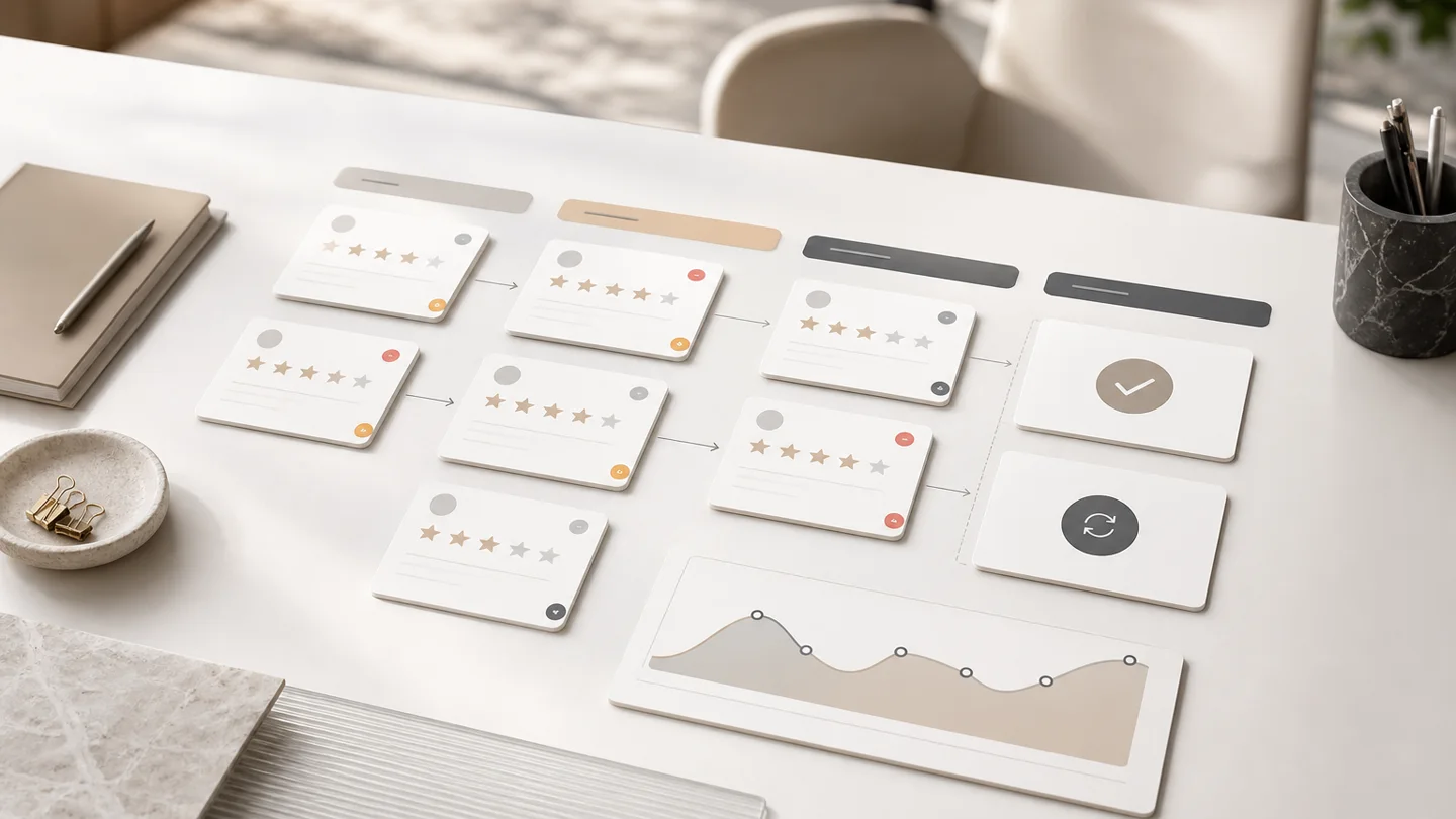 Abstrakter Workflow für Bewertungsanfragen, Monitoring, CRM-Übergabe und menschliche Freigabe