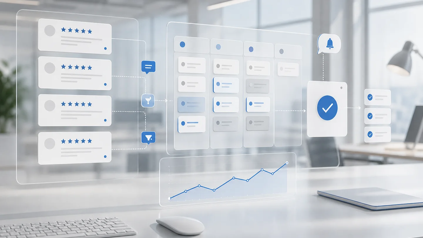 Heller Premium-Workspace mit abstraktem Bewertungsdashboard, CRM-Prozess und Freigabe-Workflow