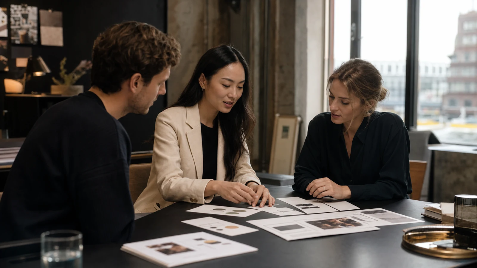 Besprechungsbild mit YunAI als echter Person und zwei weiteren Menschen zur Analyse von KI-Suchdaten und Website-Signalen