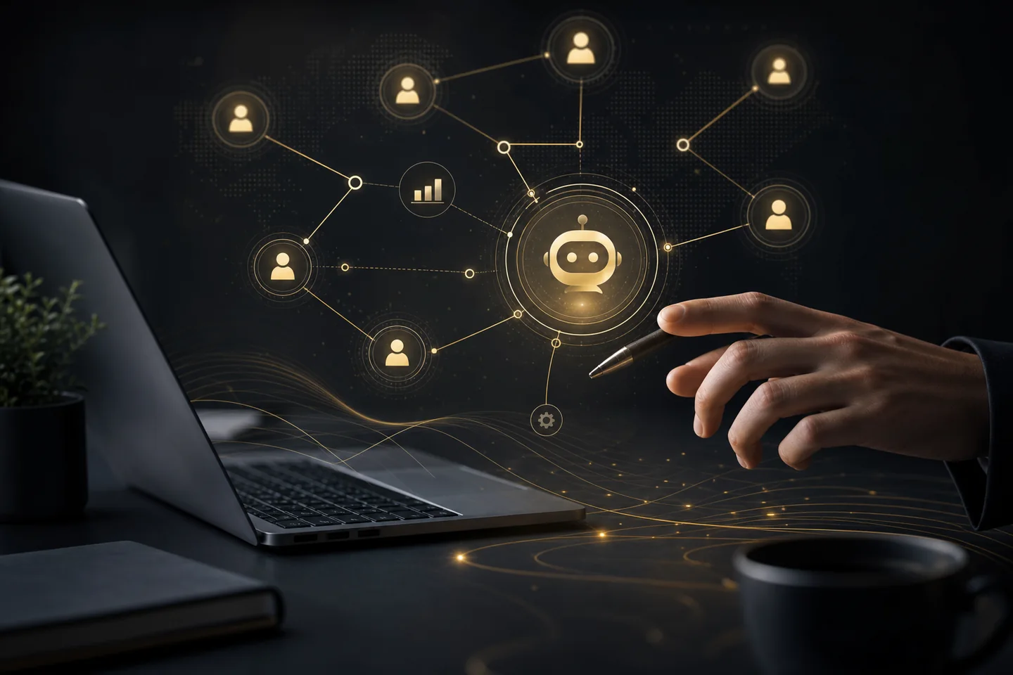 Abstrakter Workflow mit CRM- und KI-Knoten auf dunklem Arbeitsplatz