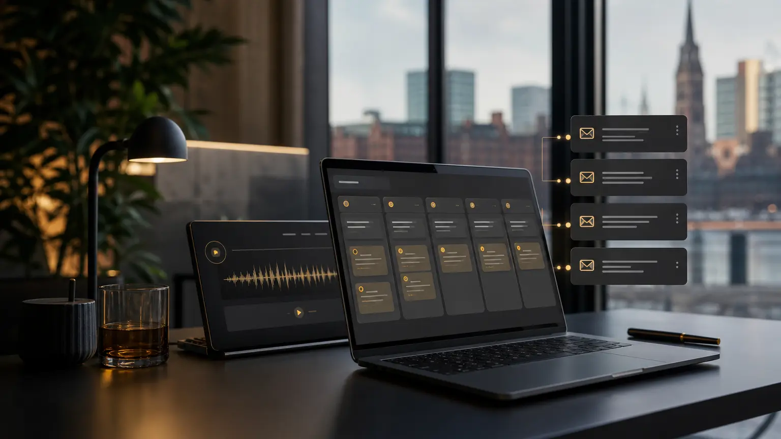 Premium AI-Leadgenerierungs-Workspace mit CRM-Pipeline, Voice-Waveform und Cold-Mail-Automation