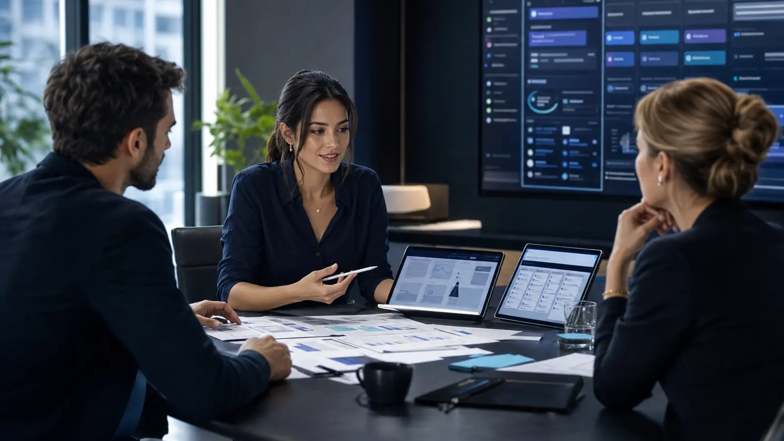 Besprechungsbild mit drei Personen zur Optimierung von Formularen, CRM-Stufen und Anfragequalität