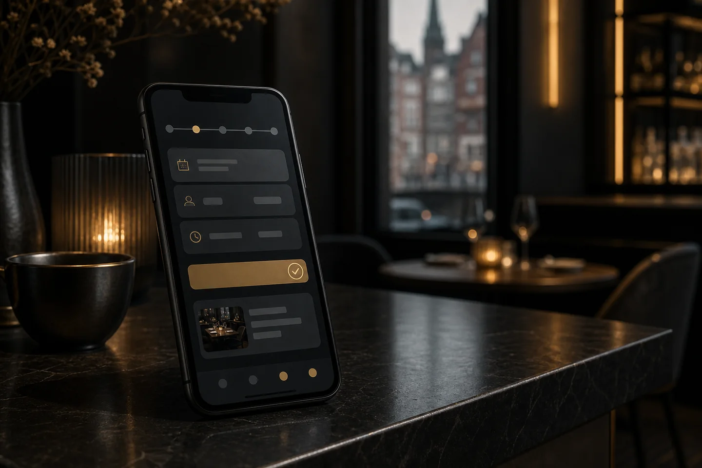 Smartphone mit abstraktem Reservierungsflow auf Café-Theke