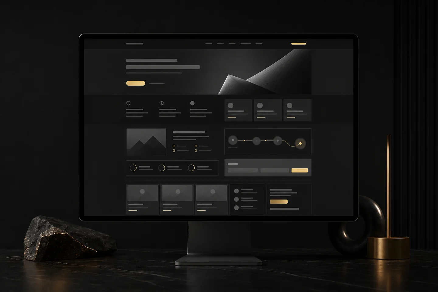 Modulares Website-System auf großem Monitor im dunklen Premium-Look