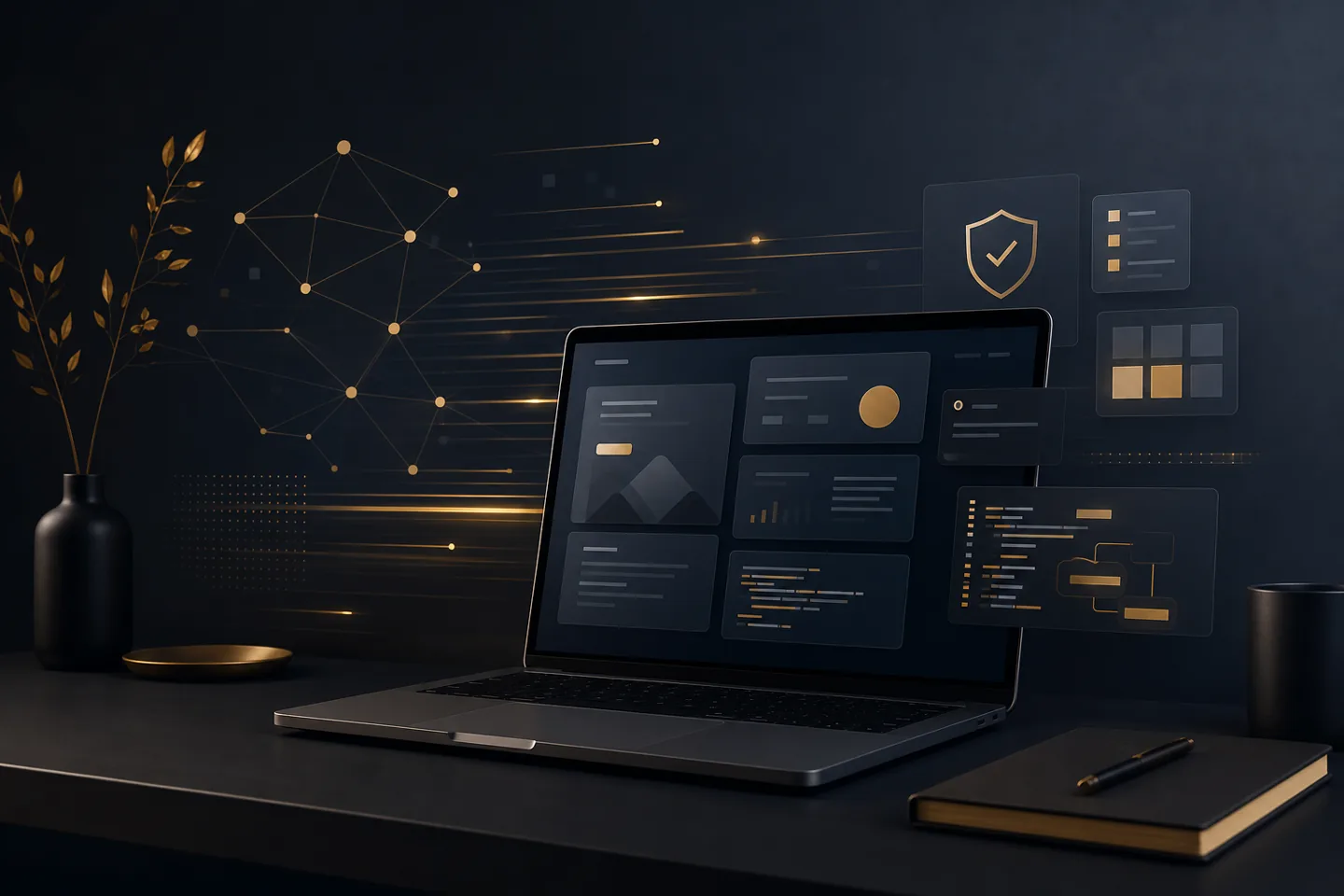 Abstrakter Premium-Workspace mit modularen Website-Komponenten, Performance- und Security-Signalen
