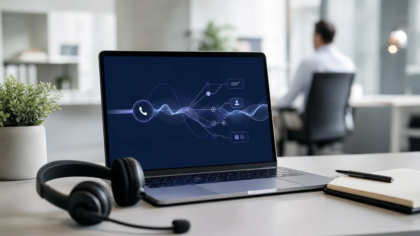 Laptop mit abstrakter Voice-Agent-Waveform und Headset als Symbol für strukturierte Outbound-Call-Workflows