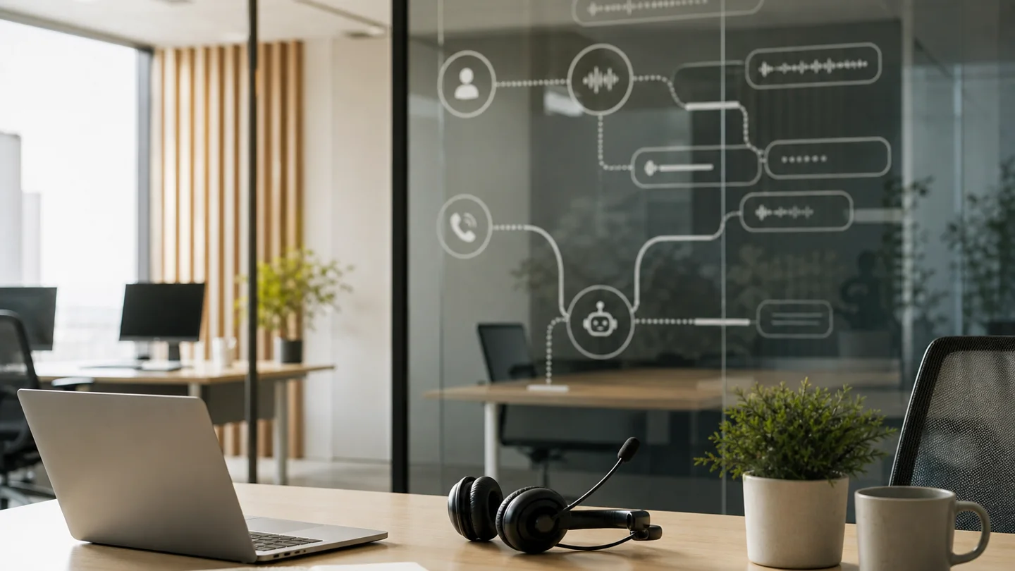 Moderner Arbeitsplatz mit Headset und abstrakter Call-Flow-Visualisierung für AI Voice Agents im Outbound Call Center