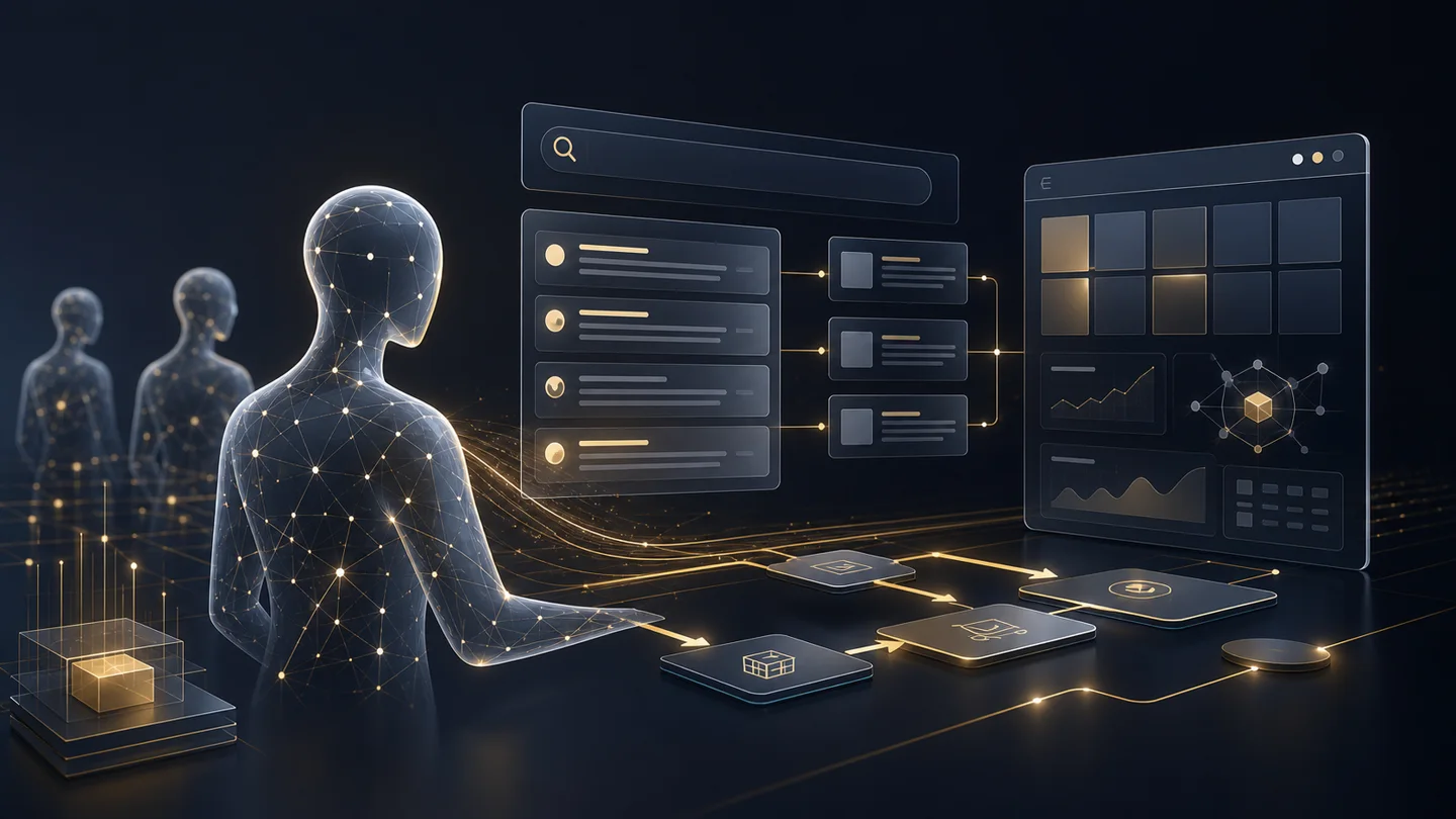 Abstrakte AI-Agenten analysieren Suchergebnisse, strukturierte Website-Daten und digitale Kaufsignale in einem dunklen Premium-Dashboard