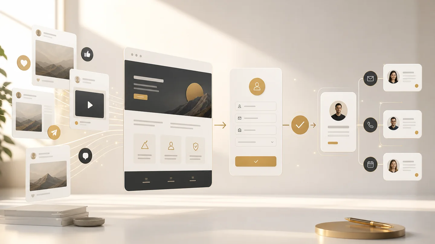 Abstrakter Workflow von Social-Media-Karten über Landingpage und Formular zu CRM-Follow-up