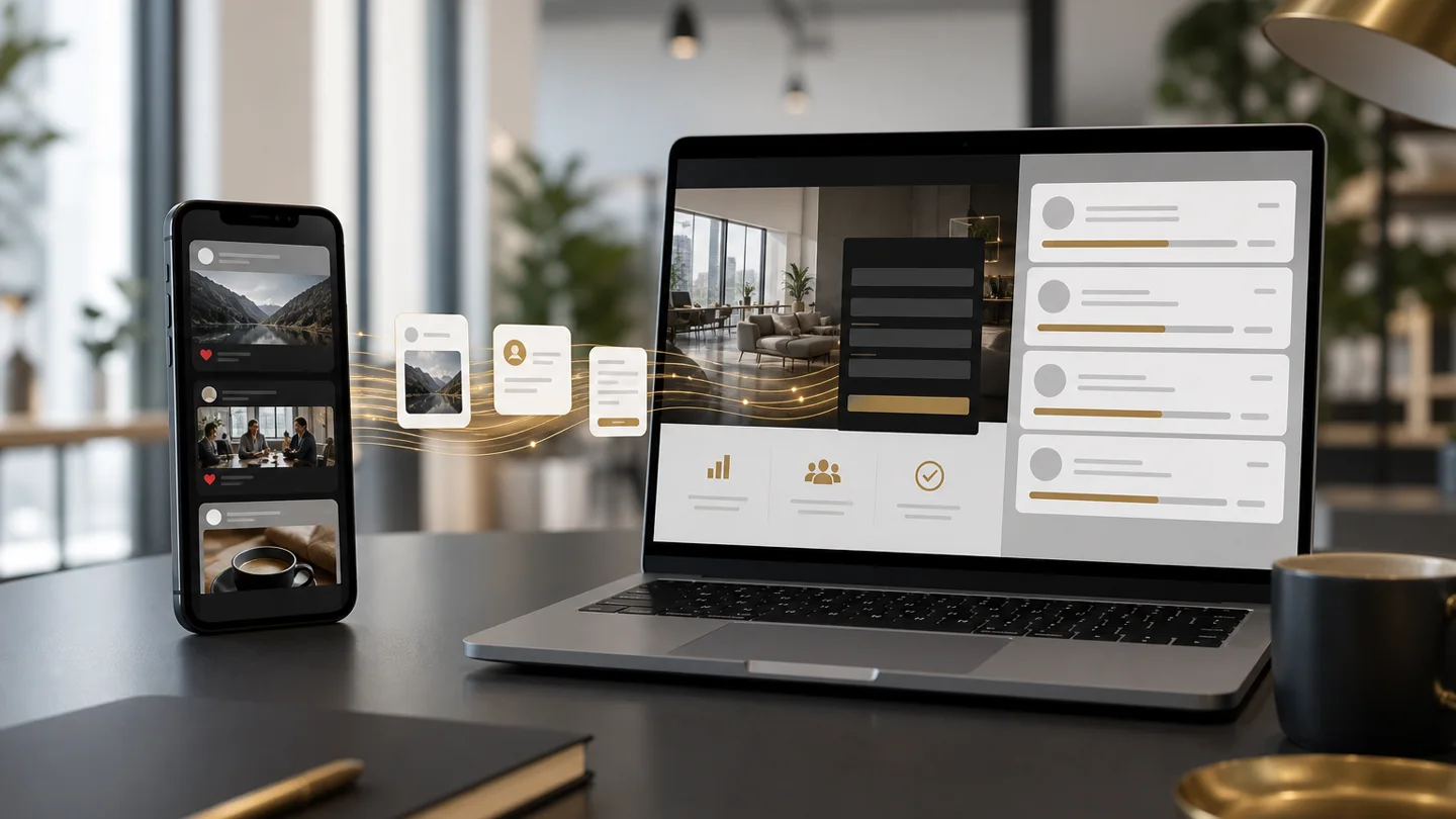 Heller Premium-Workspace mit Smartphone, Laptop und abstraktem Social-Media-zu-Lead-System-Workflow