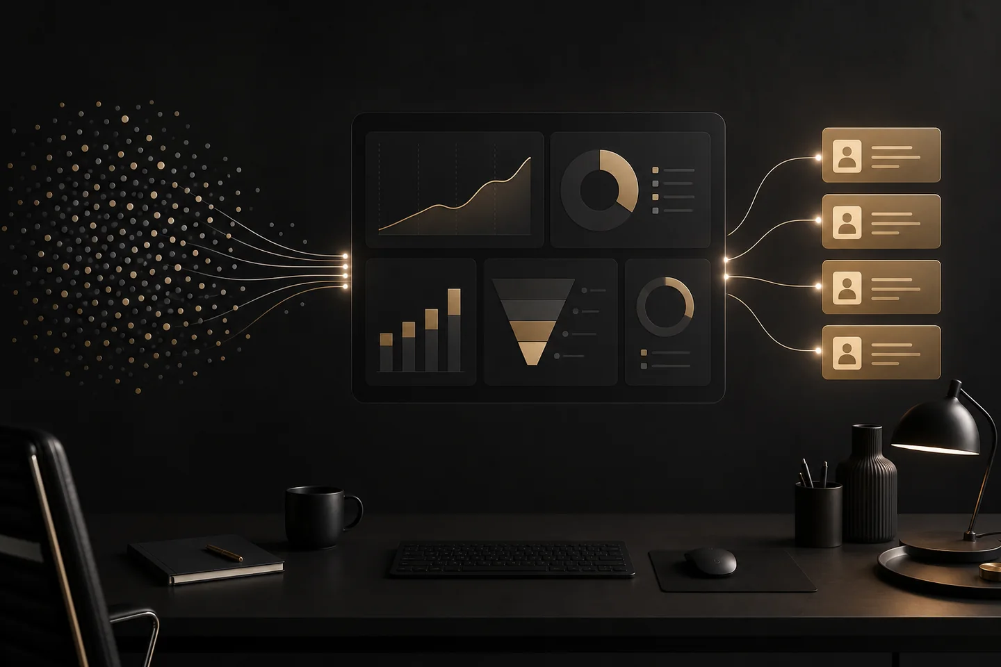 Analytics- und Conversion-Dashboard mit warm hervorgehobenem Leadpfad