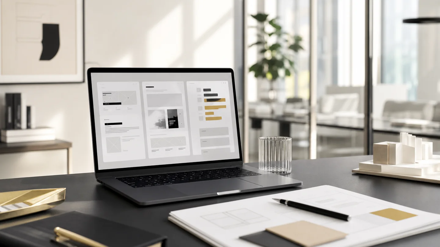 Heller Premium-Workspace mit Laptop, Website-Wireframes und Planungsunterlagen für Webdesign-Kosten und Relaunch-Budget