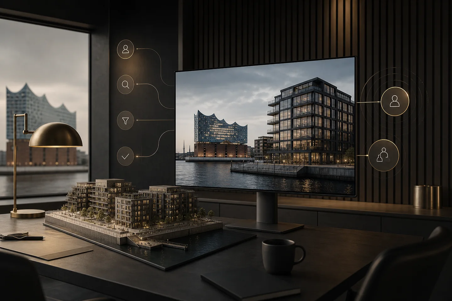 Premium Immobilien-Präsentation am Monitor mit Architekturmodell