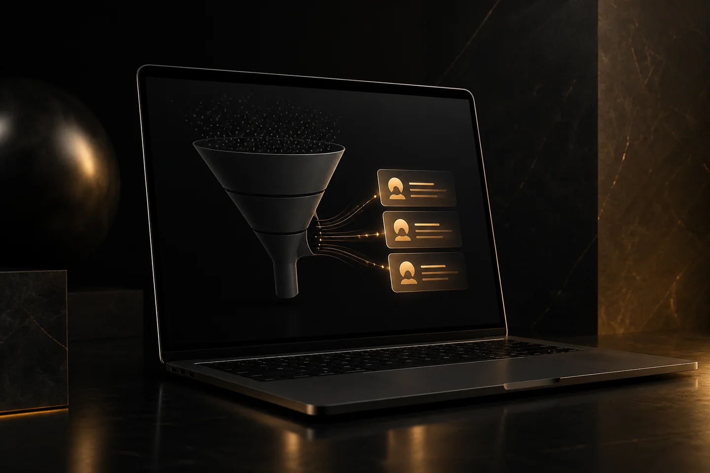 Laptop mit abstraktem Website-Funnel und Leadkarten
