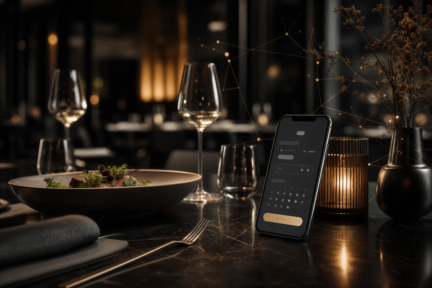 Premium Restaurant-Setup mit Smartphone-Reservierungsflow im Young-Creatives-Look