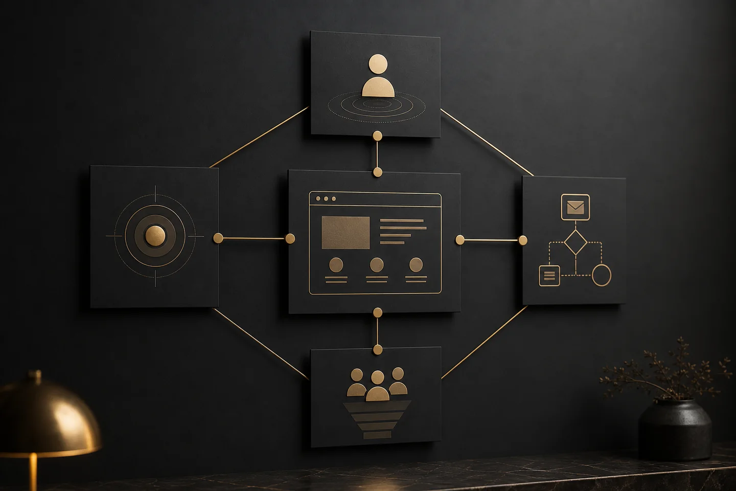 Verbundene Karten für Positionierung, Website, CRM, Automation und Leads