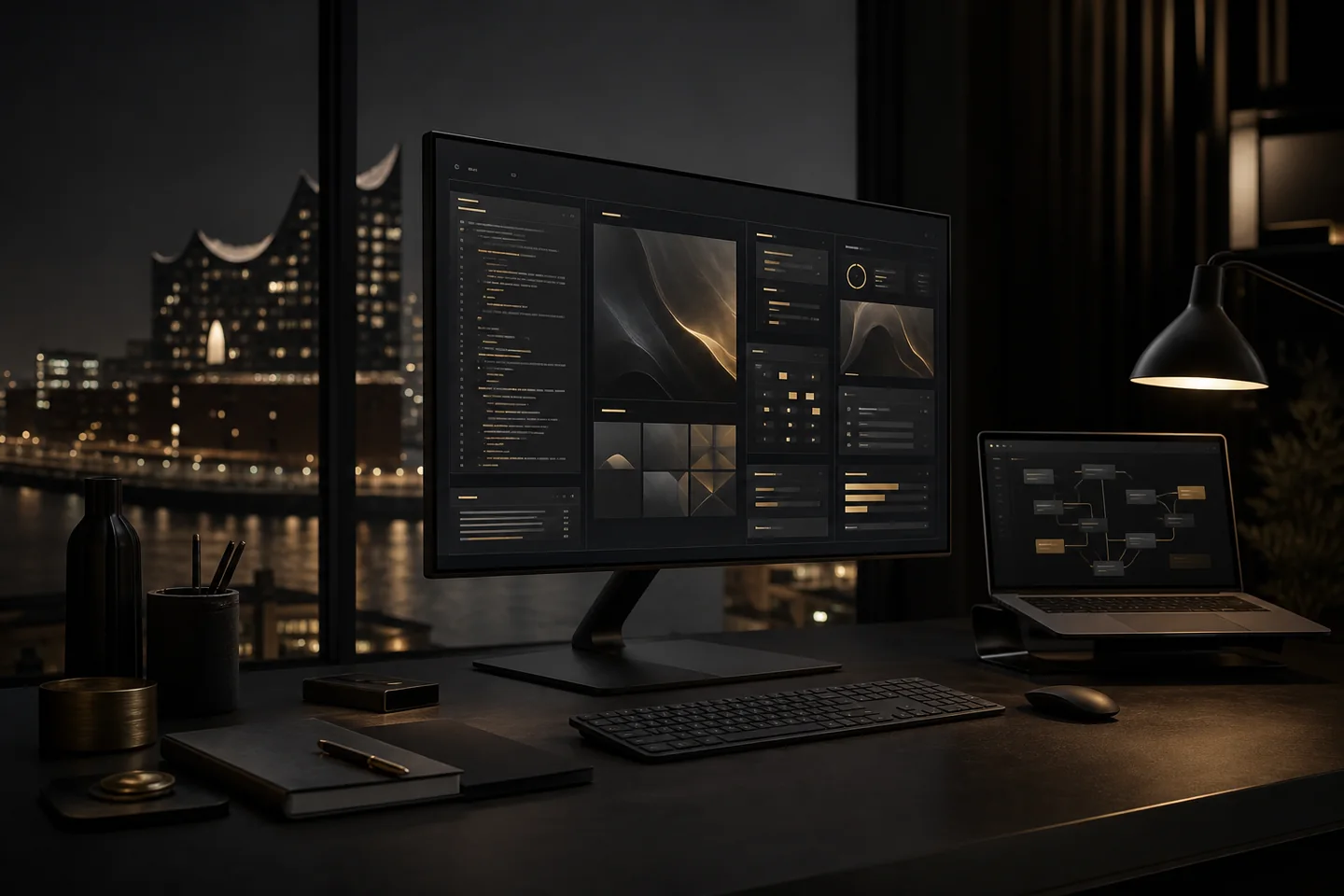 Abstraktes YunAI-Arbeitsdashboard im dunklen Agenturstudio